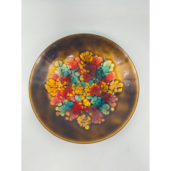 Enamel Over Copper Mid Century Signed Plate Blue Red Gold Round Dish Abstract - Picture 3 of 10